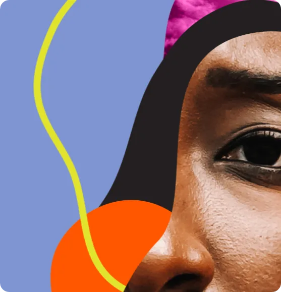 Face collage with blue, orange and yellow linework